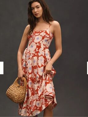 Anthropology Mauve Red Floral Midi Sundress with Cream & Lavender Blooms